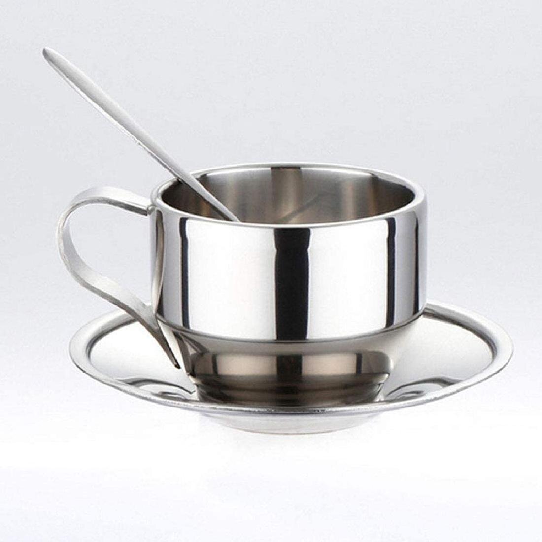 Stainless Steel Doubledeck Coffee Cup Sets Milk Coffee Cup Mugs Spoon Tray  t