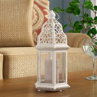 Lantern Metal Frame Clear Glass Intrcate Top Design in White Finish with Handle 