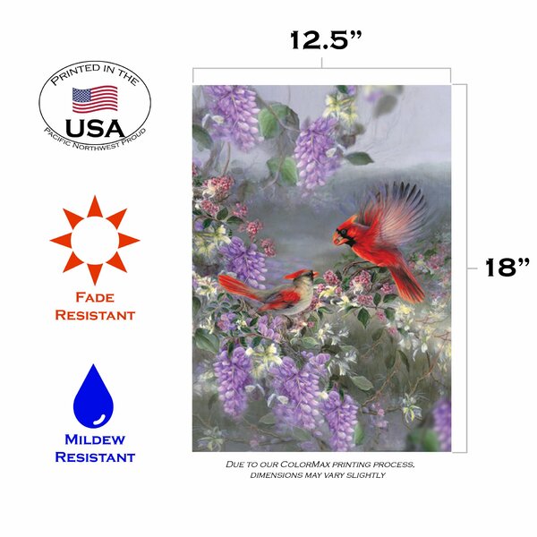 Toland Two Cardinals 12.5 x 18 Colorful Purple Flower Red Bird Garden Flag 