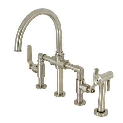 Kingston Brass KS2330KL Whitaker Industrial Style Bridge Kitchen Faucet With Brass Sprayer Matte Black Kingston Brass Finish Brushed Nickel
