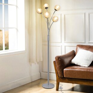 5 Light Floor Lamp –Nickel & Glass– Tall Standing Curved Multi Arm Living Room 