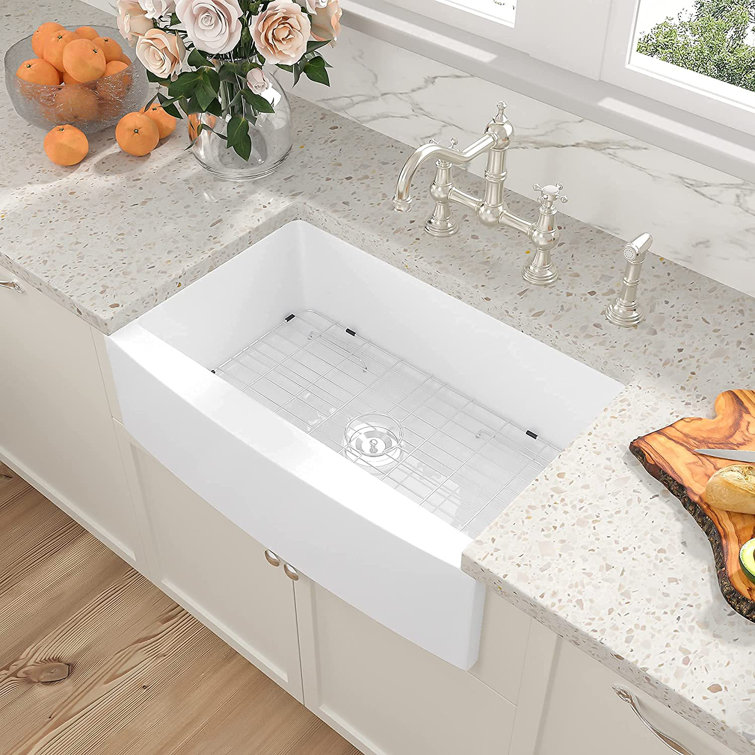 33 X 21 Inch Kitchen Sink Curved Apron Front White Fireclay Ceramic  Porcelain Single Bowl Farm Kitchen Sink
