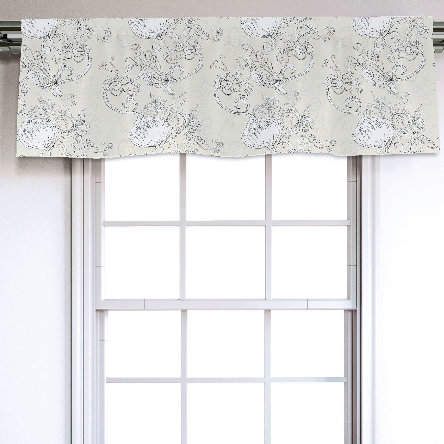 East Urban Home Floral Sateen Ruffled 54'' Window Valance in Gray/Black
