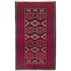 One-of-a-Kind Finest Baluch Wool Hand-Knotted Dark Navy/Red Rug