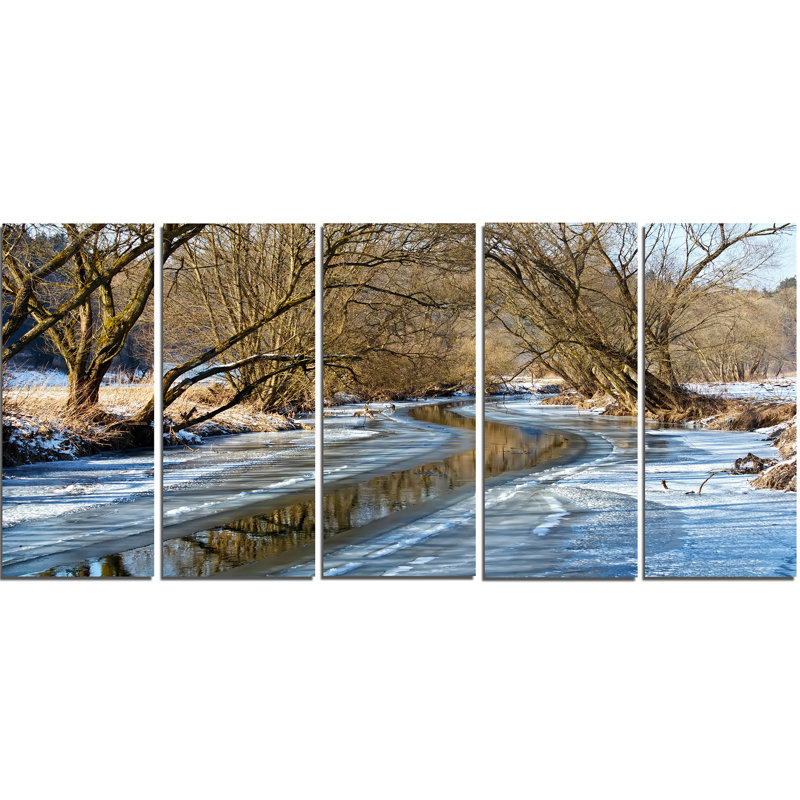 Designart Blue Sunny Day In Winter Landscape 5 Piece Wall Art On