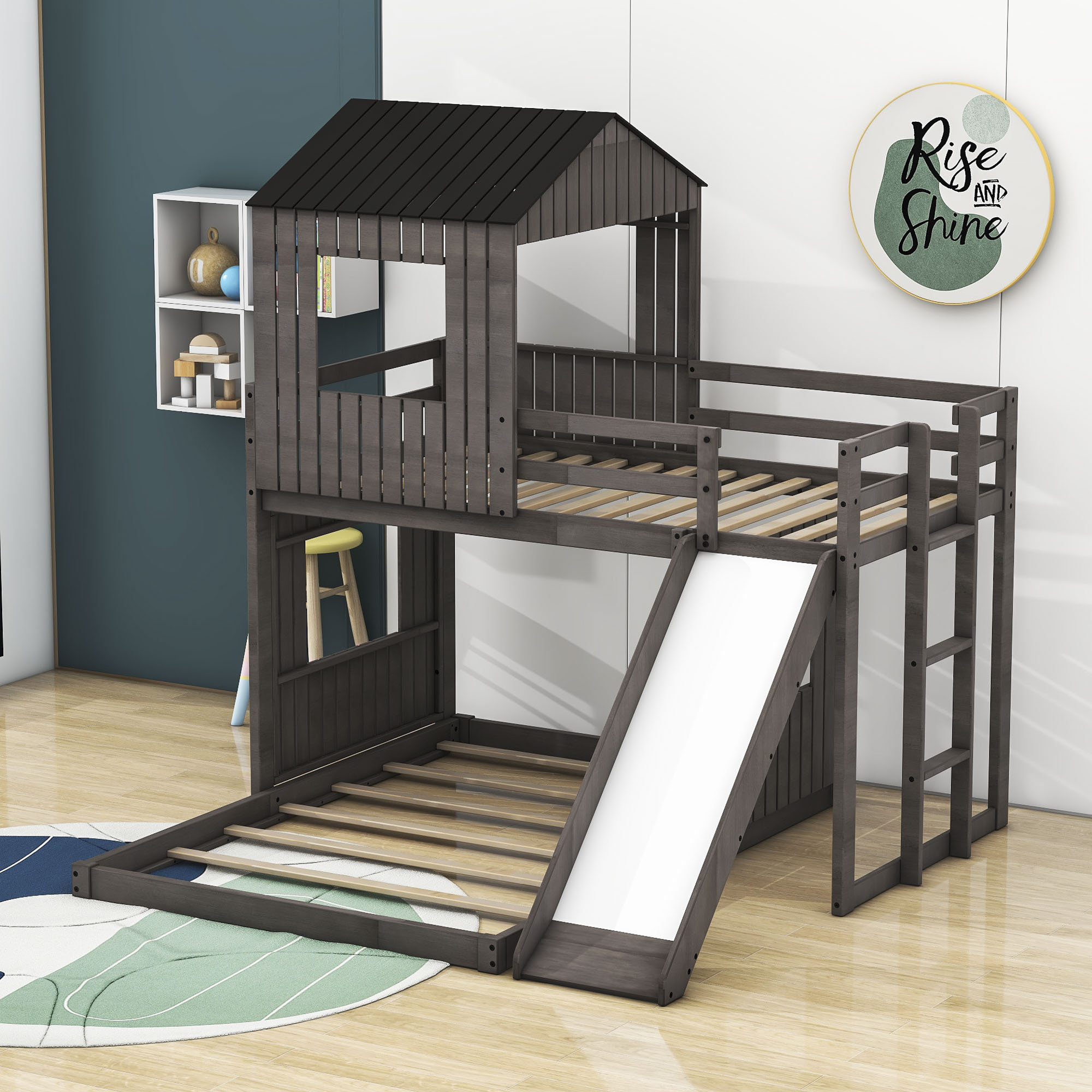 Harper Orchard Parthena Twin Over Full L-Shaped Bunk Beds with Slide ...