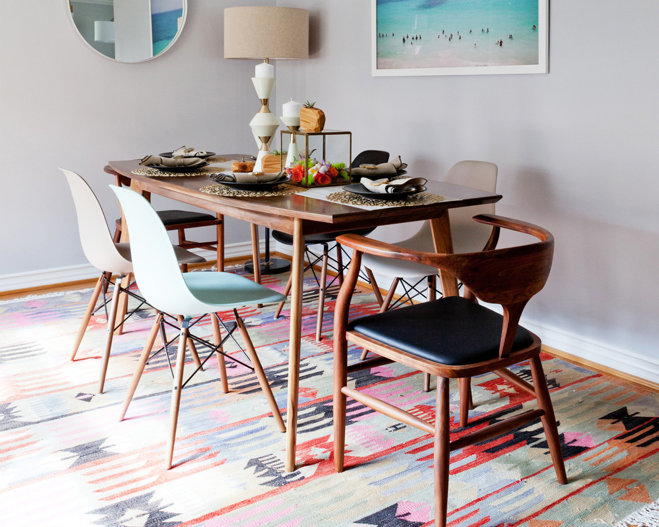 Dining Room With A Mid Century Modern Table And Boho Rug Dining Room With A Mid Century Modern Table And Boho Rug