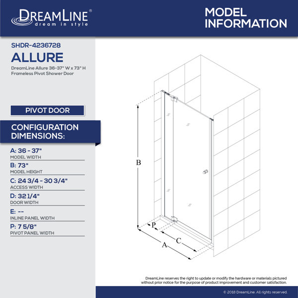 Dreamline Allure 36 W X 73 H Pivot Frameless Shower Door Reviews Wayfair