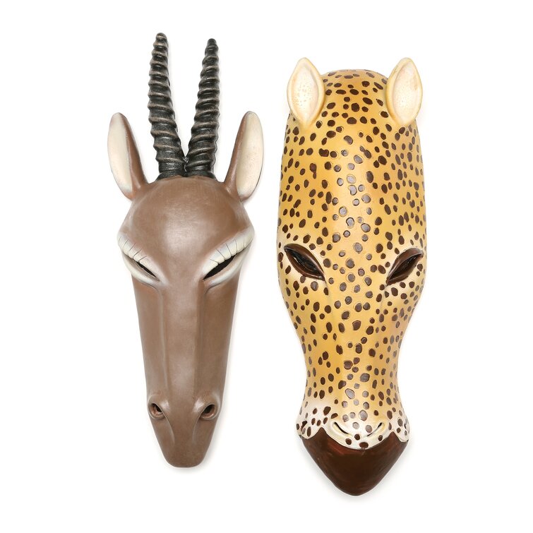 Set of 2 Stylized African Tribal Animal Wall Mask Sculptures Gemsbok & Jaguar