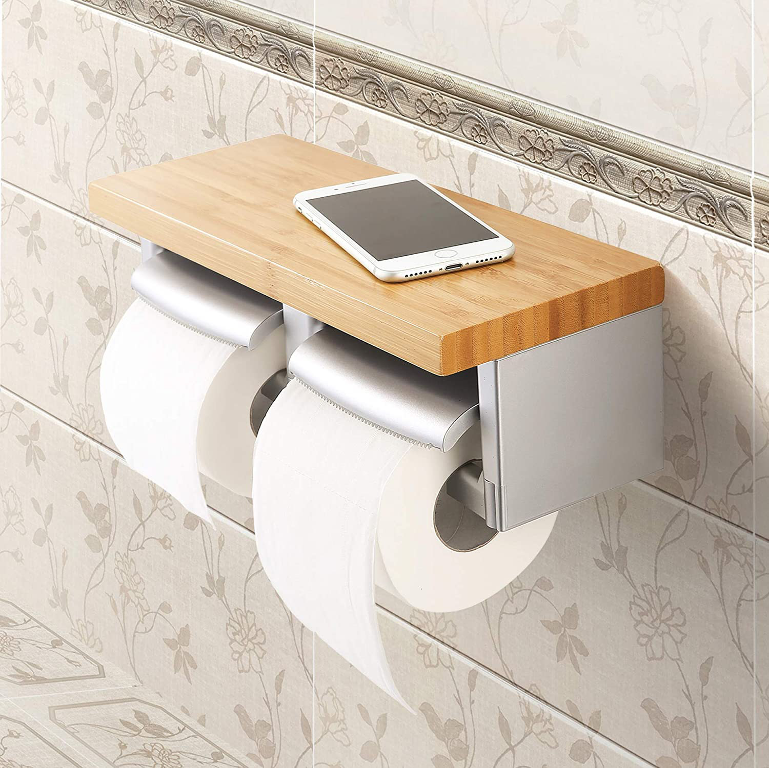 Hou Toilet Paper Holder With Bamboo Shelf Double Toilet Roll Holder Wall Mount Roll Paper Hanger With Mobile Phone Storage Wayfair