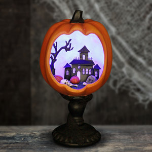 Mounted Pumpkin Figurine with LED Haunted Mansion Scene Lighted Display