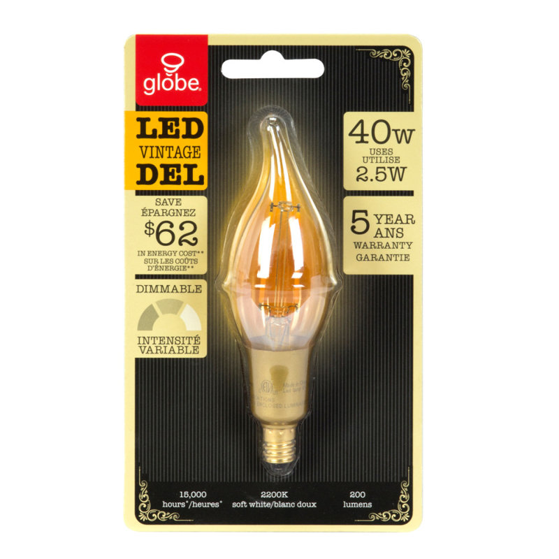 Globe Electric Company 40w Equivalent Soft White 2200k Vintage 40w Equivalent Soft White 2200k Vintage Edison Candelabra Dimmable Led Light Bulb