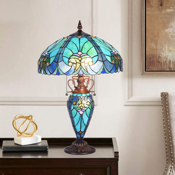 Bloomsbury Market Tiffany Table Lamp Night Light 16 Wide Handmade Stained Glass Lamp Shade 3 Light Sea Green Victorian Style Vintage Table Lamp For Home And Office Wayfair