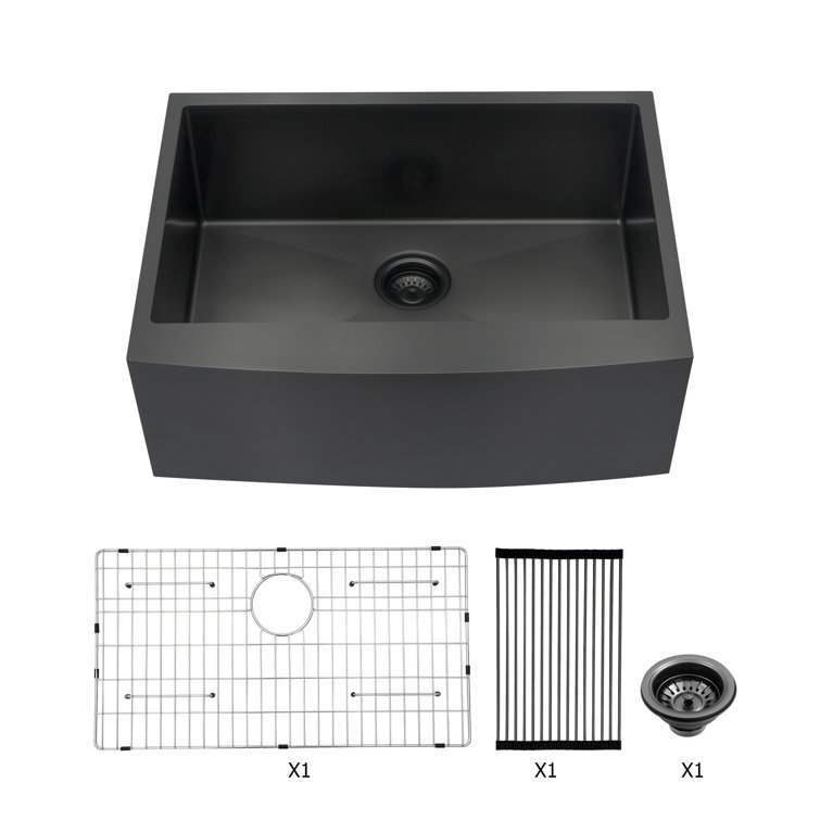 24 Inch Farmhouse Kitchen Sink Gunmetal Black Apron Front 16 Gauge  Stainless Steel Deep Single Bowl Kitchen Farm Sinks