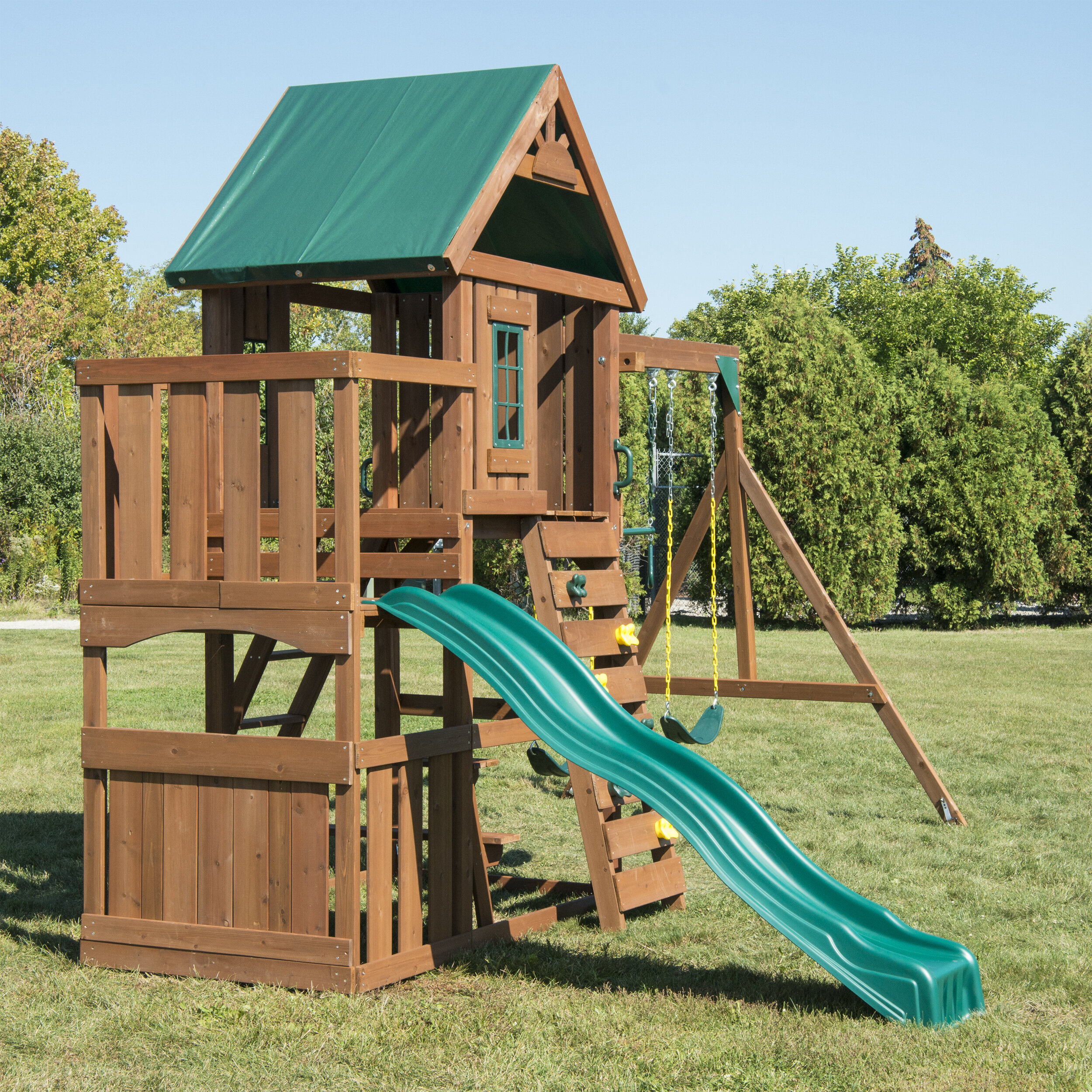 wooden play fort with slide