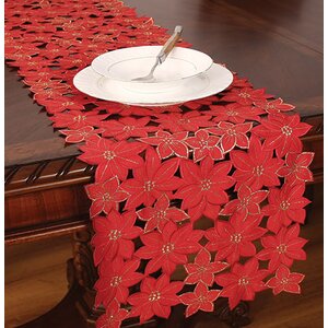 Festive Poinsettia Embroidered Cutwork Holiday Table Runner