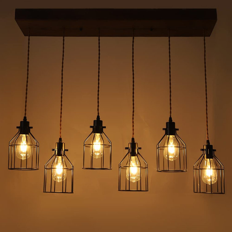 6 Lights Pendant Light For Kitchen Island, Farmhouse Linear Wood Flush  Mount Chandelier With Metal Shades, Rustic Hanging Barn Pendant Ceiling ...