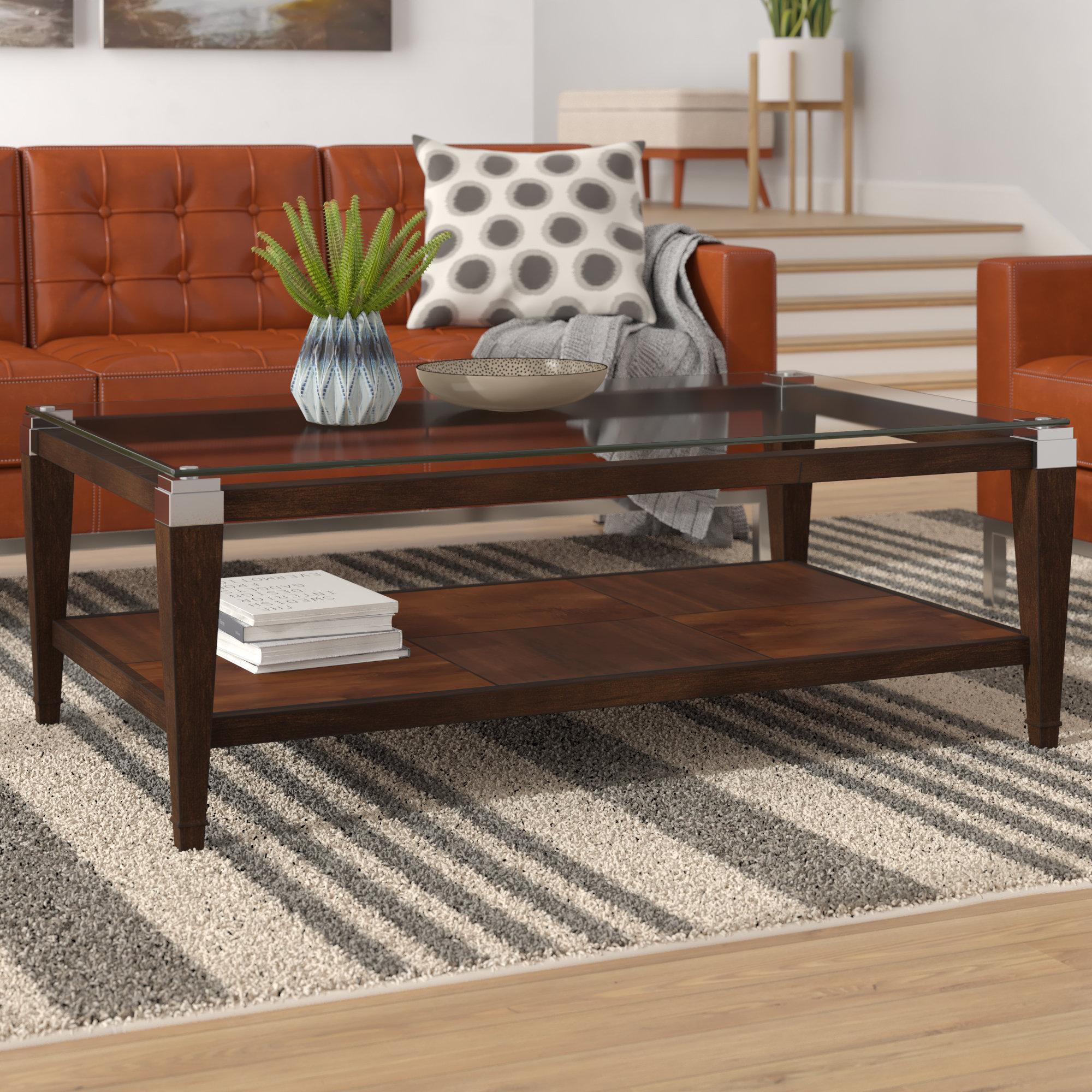 Hot Glass Coffee Table Rectangular Shelf Wood Chrome Top Wooden Frame Furniture