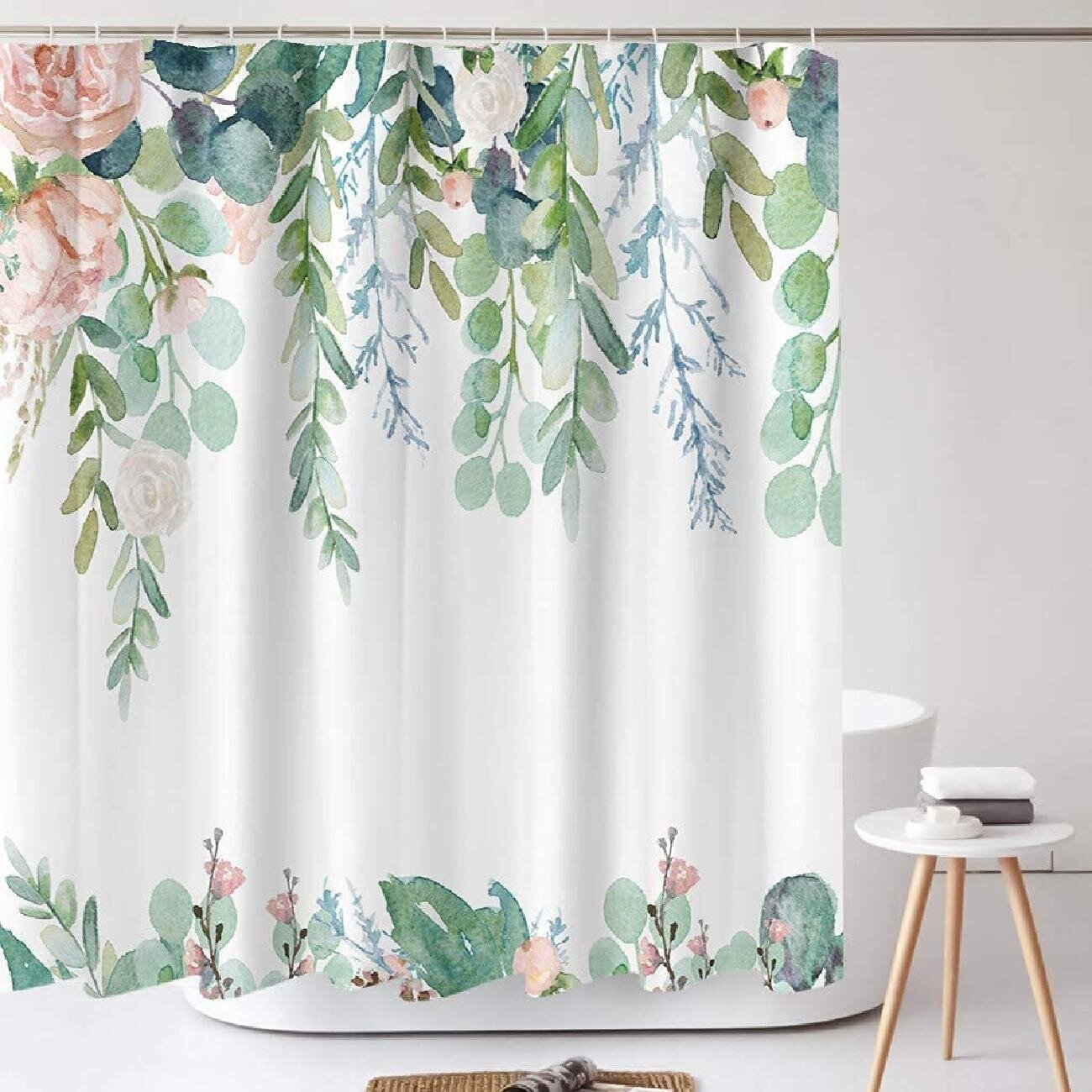Tropical Leaves Waterproof Polyester Shower Bathroom Curtain Hooks Watercolor 