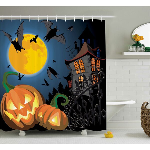 The Holiday Aisle® Halloween Decor Moon Pumpkin Shower Curtain + Hooks ...