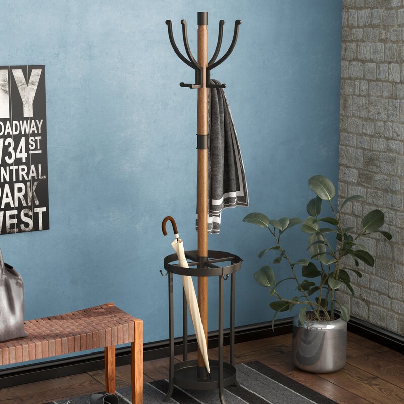 Andreas Wood and Metal Coat Rack with Umbrella Stand