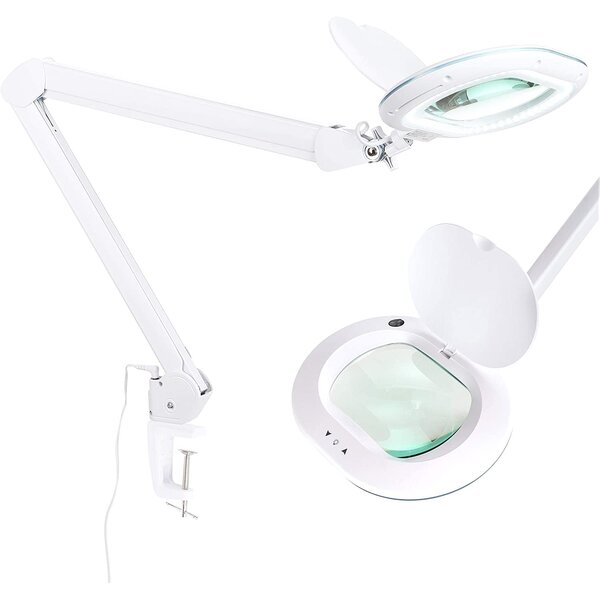 Adjustable Swing Arm 5X Magnifying Glass Lamp 5'' SMD 5 Diopter Magnifier Desk Light with Clamp White for Salon Reading/ Office/ Work Workbench LED Magnifying Lamp 