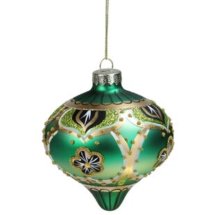 6"  Green Finial Drop w Gold Design Blown Glass Christmas Tree Ornament  Germany