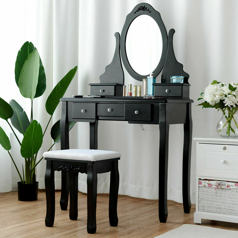 Charlton Home Zehr Jewelry Wooden Makeup Vanity Set With Mirror