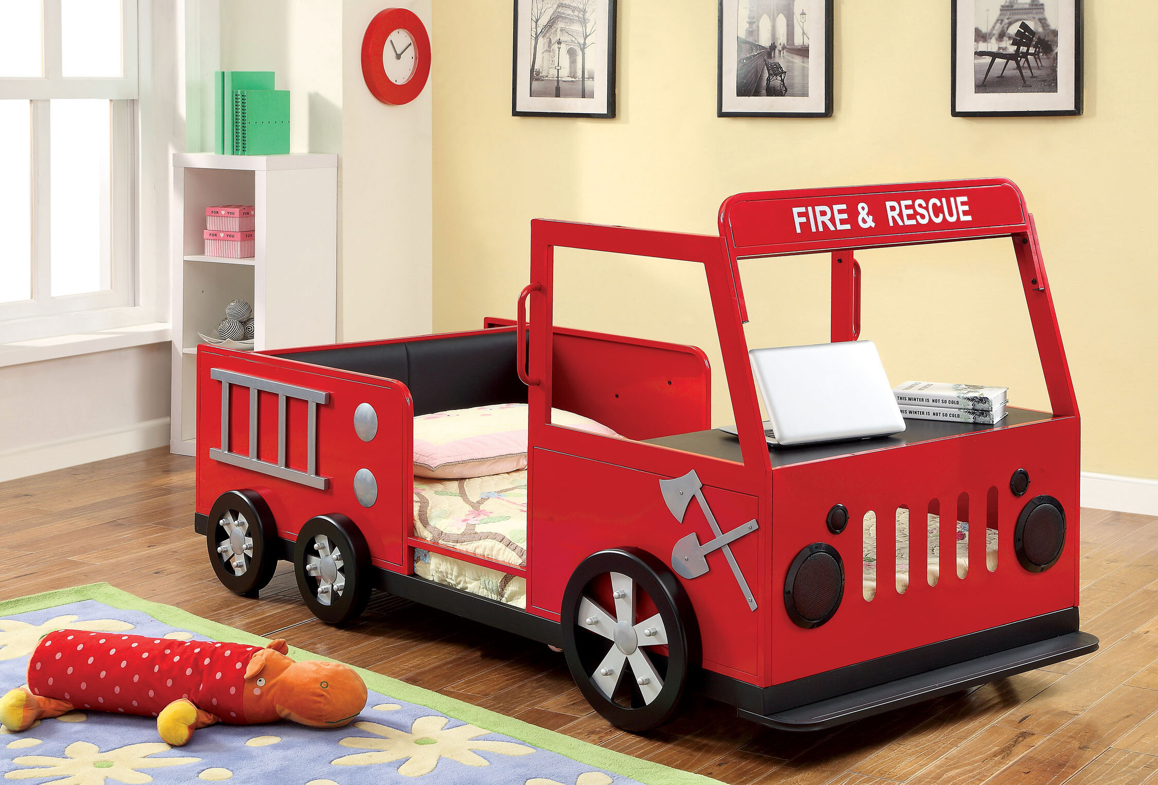 Hokku Designs Fire Engine Twin Car Bed With Shelves Reviews