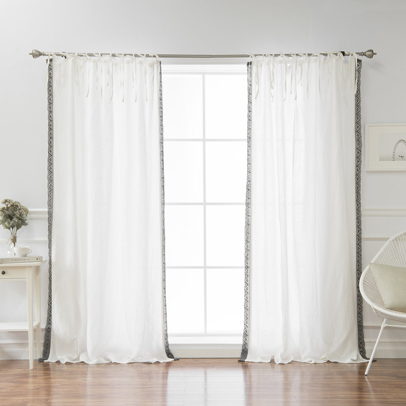 Morganton Belgian Flax Linen Lace Trim Solid Semi Sheer Tab Top