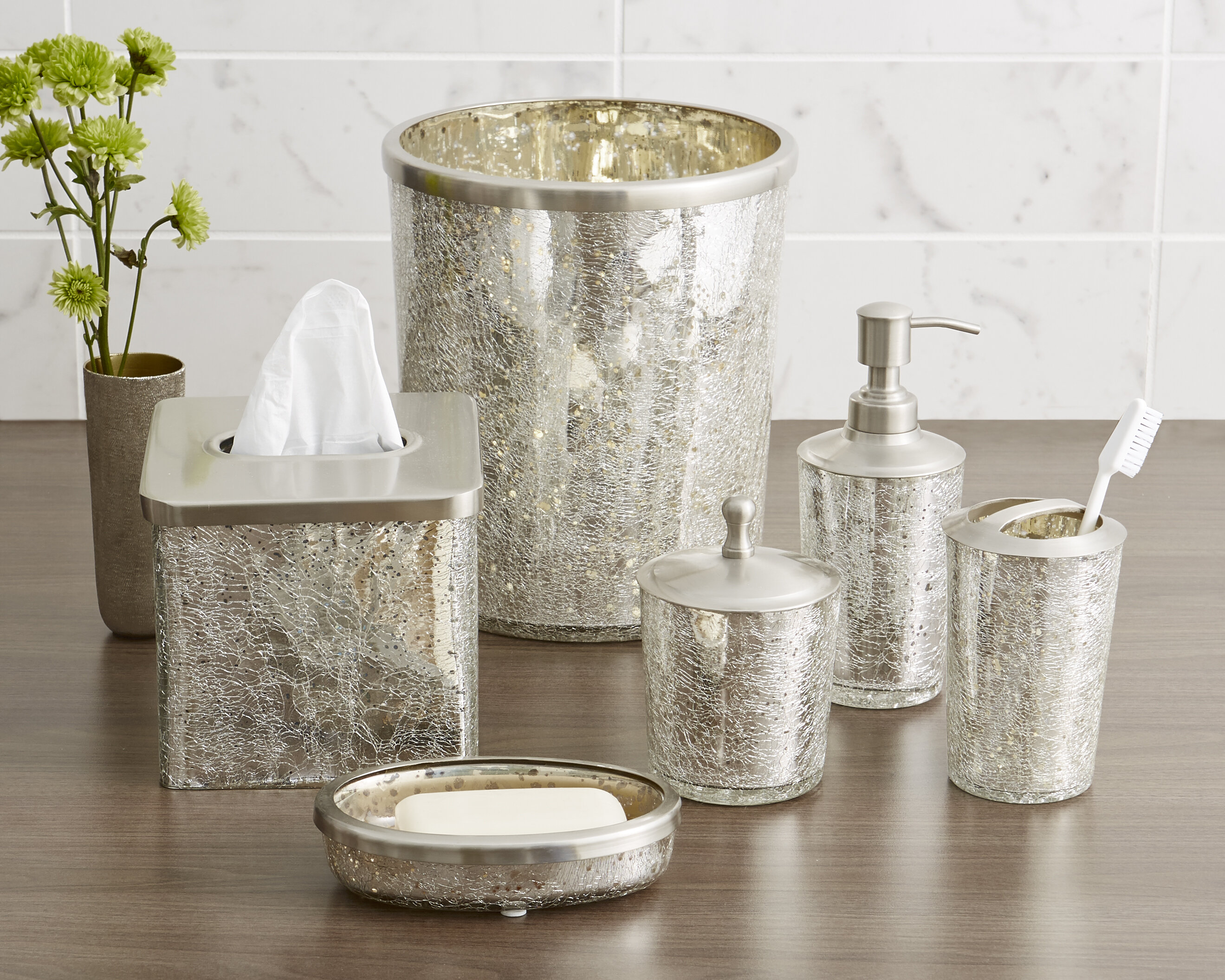Gold Glass Bath Accessories Mercury Glass Material White Color 
