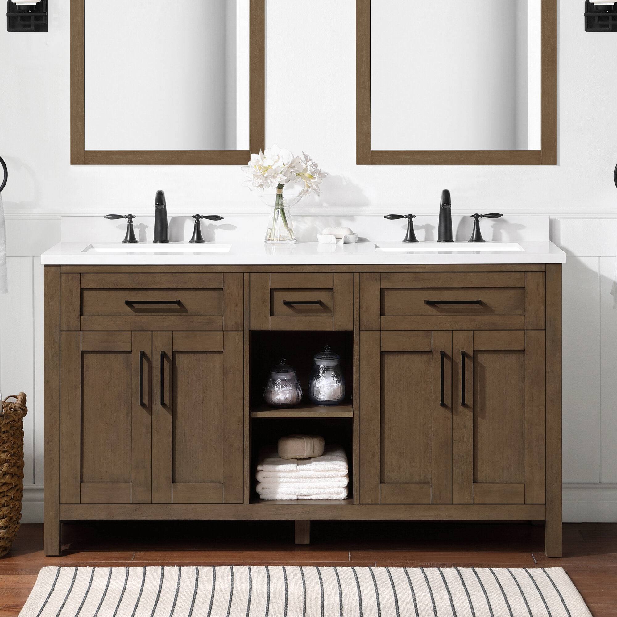 Ove Decors Tahoe Open Shelf 60 In Double Sink Bathroom Vanity In Almond Latte Wayfair