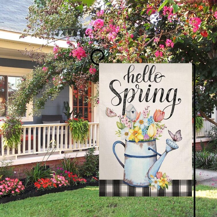 Hello Floral Spring Burlap Garden Flag Flowers Double-Sided 12.5" x 18" 