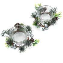 Christmas Icy Red Berry Pine Bough Candle Votive Tealight Ring 1.5" Set of 2 