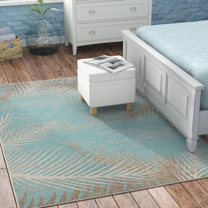 Beachcrest Home Odilia Tropical Palms Turquoise Gray Ivory Area