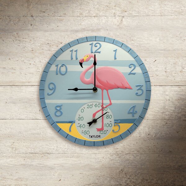 Flamingo with Flower Wreath Pattern Pink Color Printed Non-Ticking Round Wall Clock 9.84” Battery Operated Silent Desk Clock for Bedroom Living Room Home Office School Wall Decor 