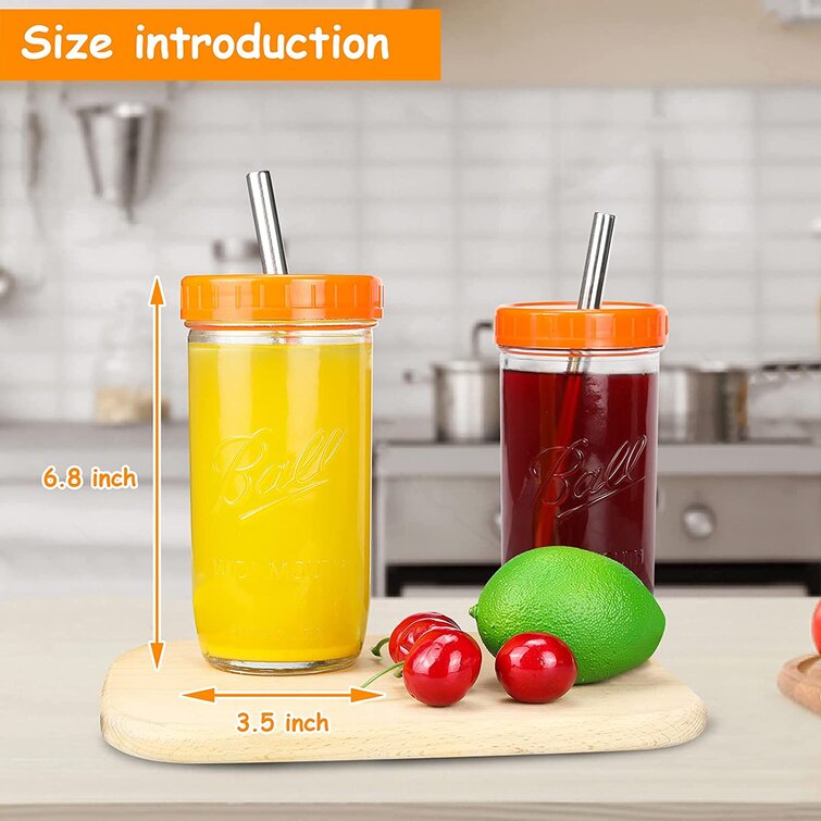 2-Pack, 24 oz Mason Jars Droutti Reusable Wide Mouth Smoothie Cups Boba Tea Cups Bubble Tea Cups with Lids Mason Jars Glass Cups with Gold Straws and Brush
