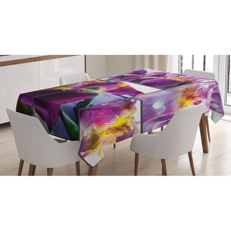East Urban Home Ambesonne Rustic Tablecloth Blooming Iris Flowers Orchids On Rustic Wood Natural Floral Beauty Romantic Image Rectangular Table Cover For Dining Room Kitchen Decor 60 X 84 Yellow Purple