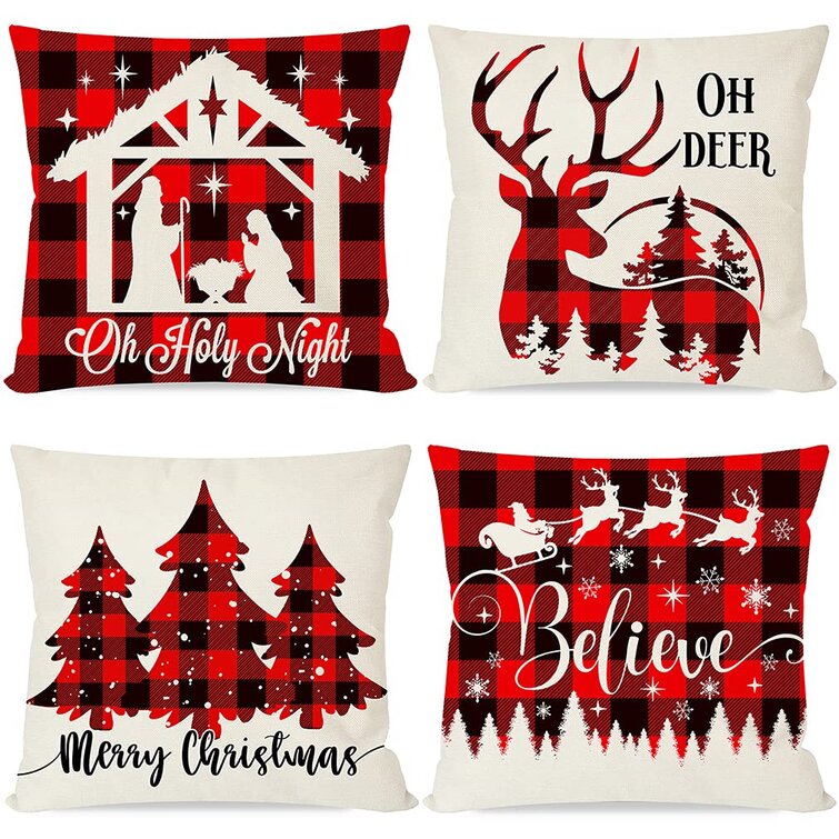 Christmas Throw Pillow Covers 18x18 Set of 4 Red and Black Buffalo Plaid Check