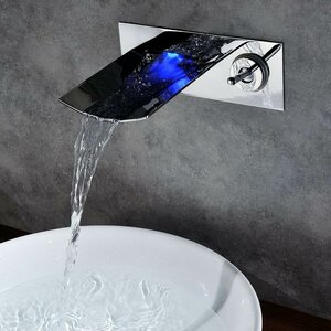 Single Handle Wall Mount LED Waterfall Bathroom Sink Faucet