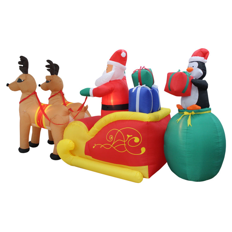 The Holiday Aisle Christmas Inflatable Santa Claus With Reindeer Sleigh And Penguin Yard Decoration