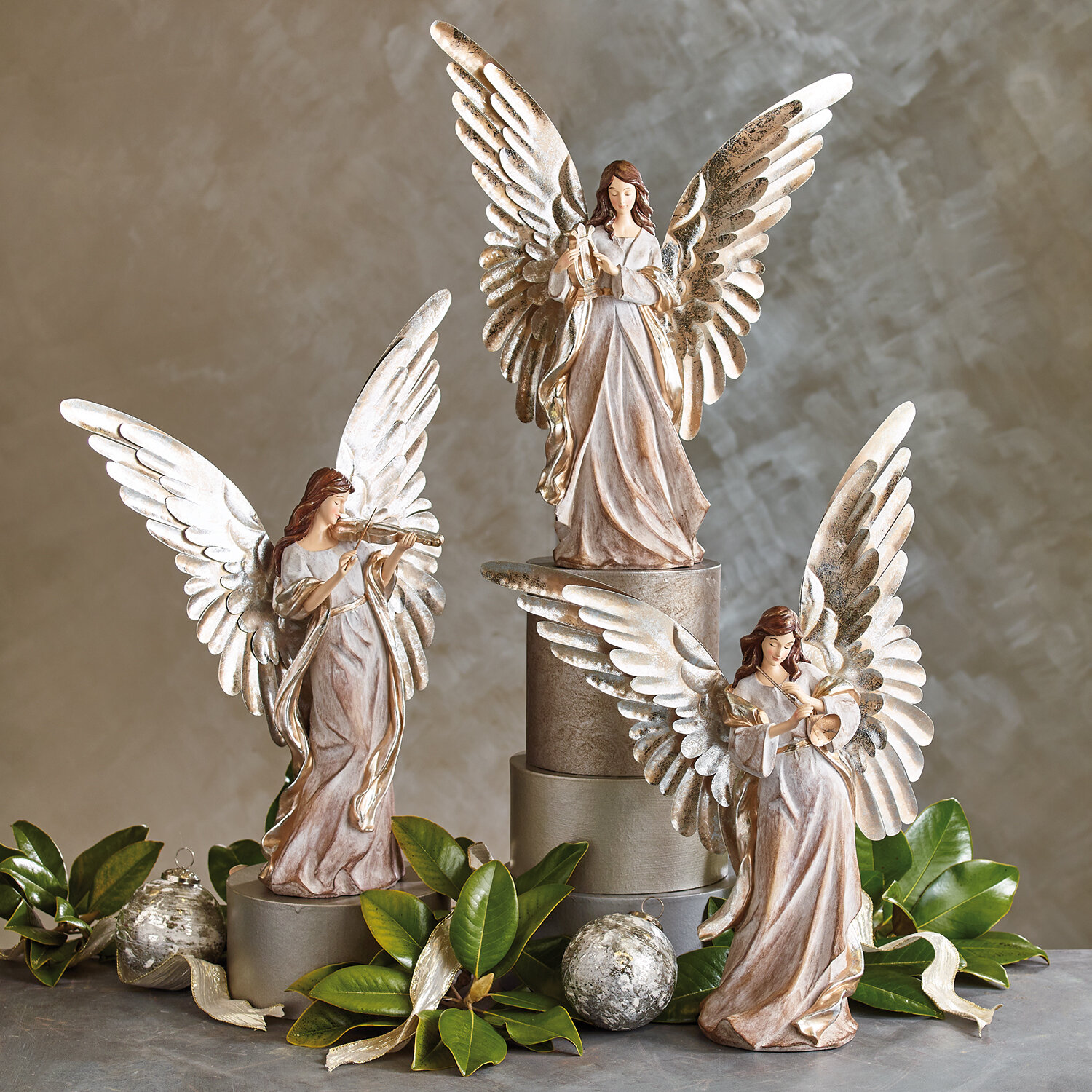 The Holiday Aisle® Elegant Angels With Metal Wings Set Of 3 | Wayfair