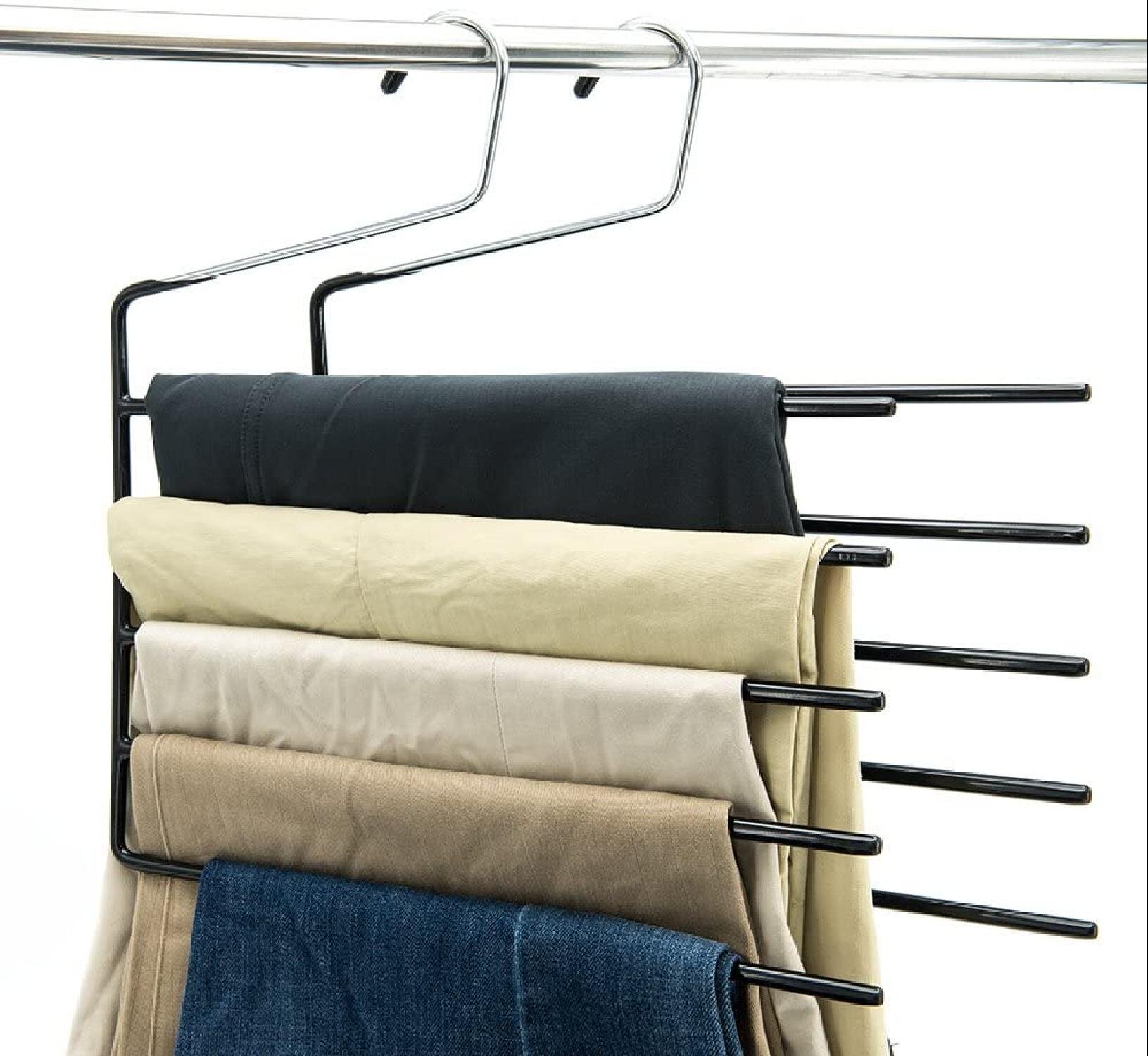 black High-Grade 5-Tier Trouser Hangers Strong & Durable Skirt Hangers Space Saving Heavy Duty Foldable Non Slip Multi Layer Hangers For Trousers And Scarves 