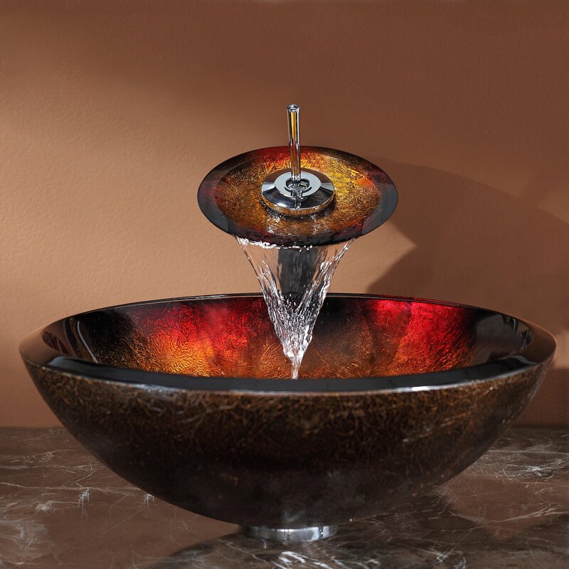 Copper Glass Circular Vessel Bathroom Sink With Faucet
