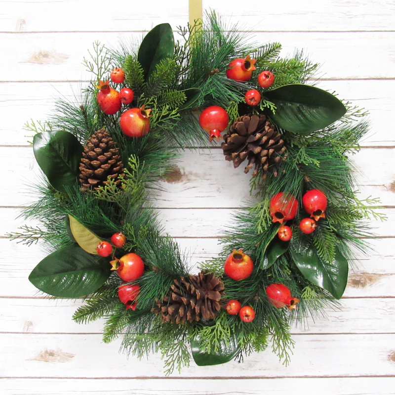 Pinecones Eucalyptus Leaves Holiday Front Door Wreath Simple Christmas Wreath Winter Wreath with Green Pine Needles and White Accents