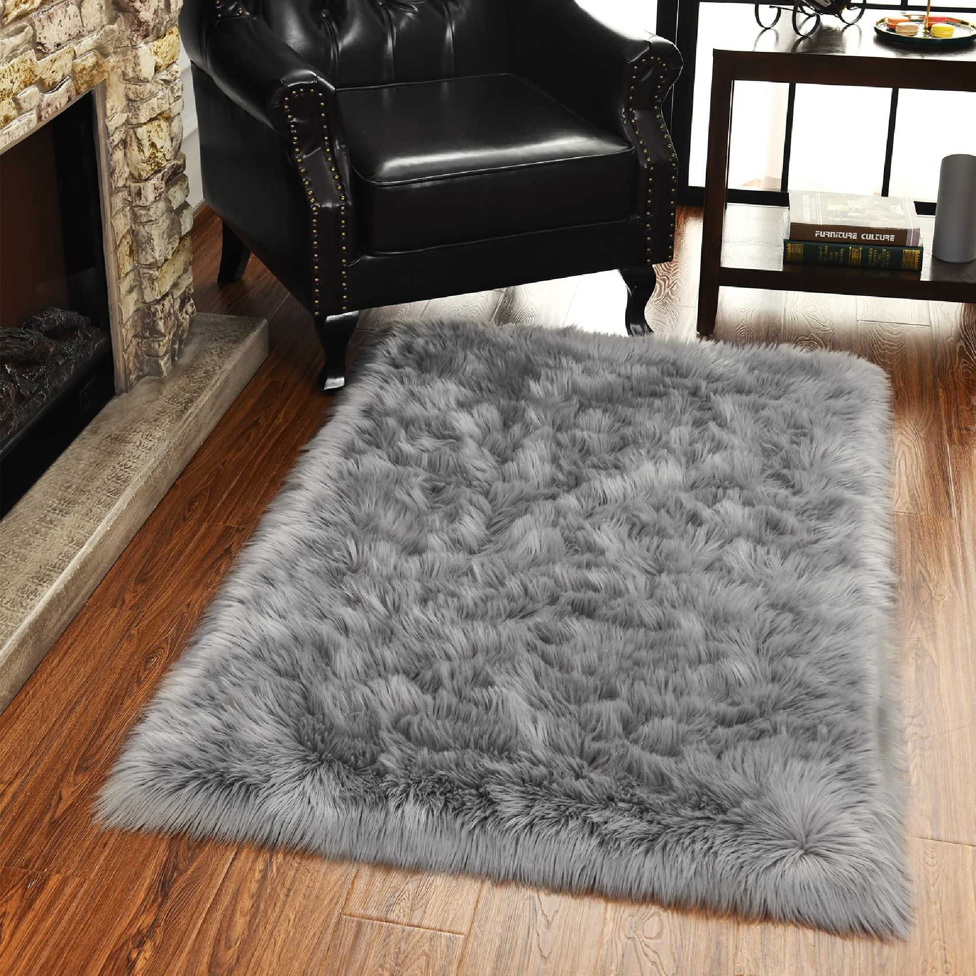 Shag Area Rug Ultra Suede Lining 12 Colors Dark Gray Faux Fur Rectangle 