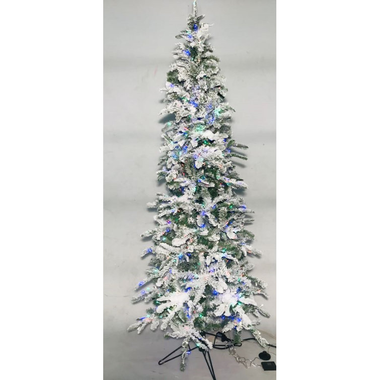 The Holiday Aisle Snow Crusted Prelit Pencil Easy Pole Flocked White Artificial Christmas Tree With Color Changing Lights Reviews Wayfair