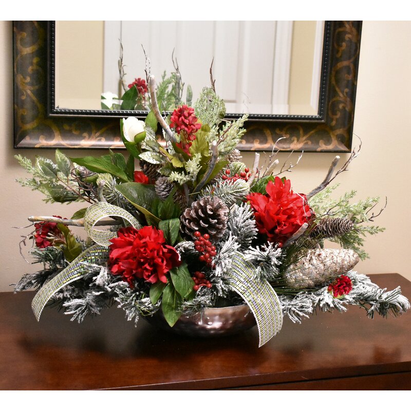 The Holiday Aisle® Frosted Winter Christmas Mixed Centerpiece in Vase