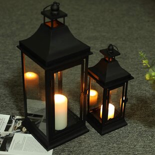 Set of 2 Flip-Top Wood Candle Lanterns with Drawers 