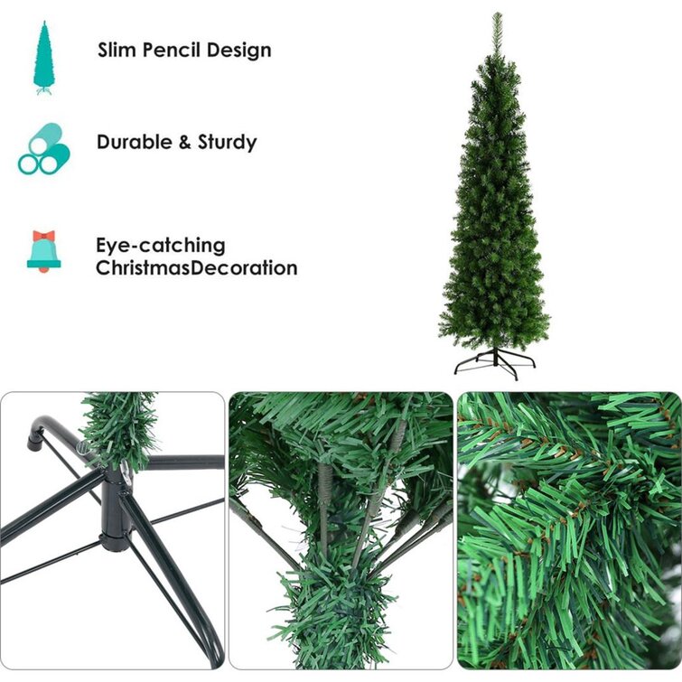 7.5FT Hinged Fir Pencil Artificial Christmas Tree With Metal Foldable Stand USA 